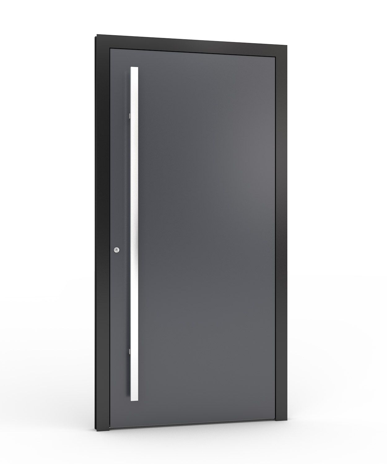 Moderne graue Haustür mit vertikalem silbernen Griff und schwarzem Rahmen.