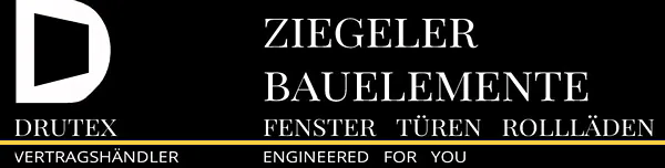 Logo für ZIEGELER BAUELEMENTE mit dem Buchstaben „D“ in einer Form, darunter steht „DRUTEX“, „FENSTER, TÜREN, ROLLÄDEN“ und „ENGINEERED FOR YOU“.