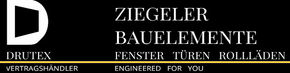 Logo für ZIEGELER BAUELEMENTE mit dem Buchstaben „D“ in einer Form, darunter steht „DRUTEX“, „FENSTER, TÜREN, ROLLÄDEN“ und „ENGINEERED FOR YOU“.