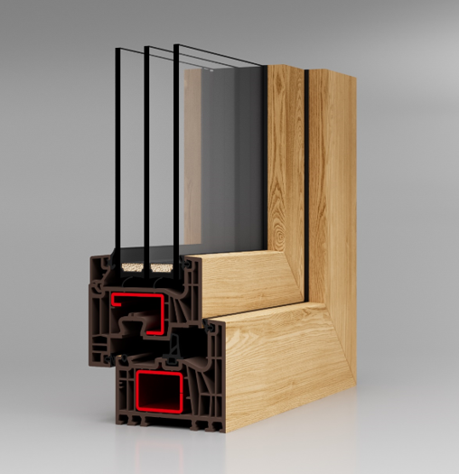 Querschnitt eines Fensterrahmens in Holzoptik mit Dreifachverglasung und rot hervorgehobenen Innenkomponenten.