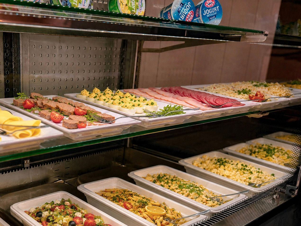 Ladę delikatesową z tacami z różnymi przygotowanymi sałatkami i daniami zimnymi na półkach ekspozycyjnych
