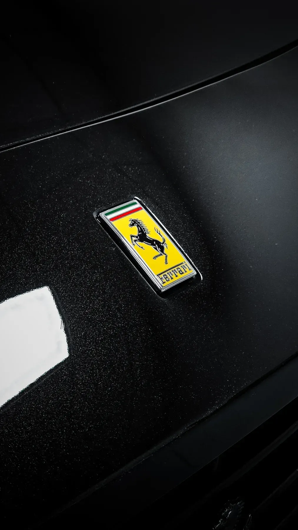 Emblema de Ferrari sobre el capó de un automóvil negro, que representa un caballo encabritado sobre un escudo amarillo.