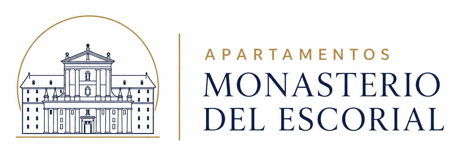 Logotipo de Apartamentos Monasterio del Escorial con un dibujo lineal azul y texto dorado sobre fondo blanco.