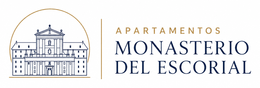 Logotipo de Apartamentos Monasterio del Escorial con un dibujo lineal azul y texto dorado sobre fondo blanco.
