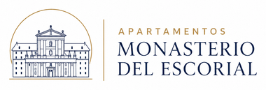 Logotipo de Apartamentos Monasterio del Escorial con un dibujo lineal azul y texto dorado sobre fondo blanco.