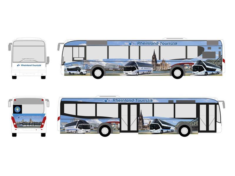 Ein blau-weißer Bus mit einem Stadtbild auf der Seite.