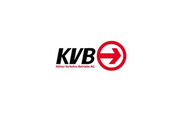 Ein Logo für ein Unternehmen namens KVB mit einem nach rechts zeigenden Pfeil.