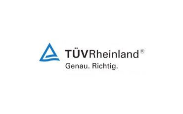Ein blau-weißes Logo des TÜV Rheinland auf weißem Hintergrund.