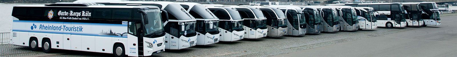 Eine Reihe weißer Busse stehen auf einem Parkplatz