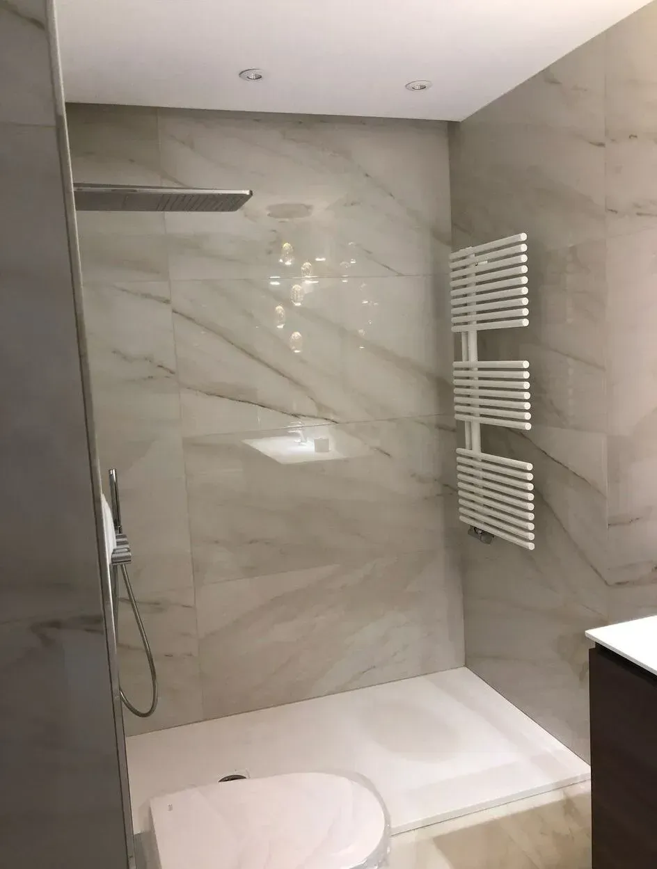 Un baño con inodoro, ducha y toallero.