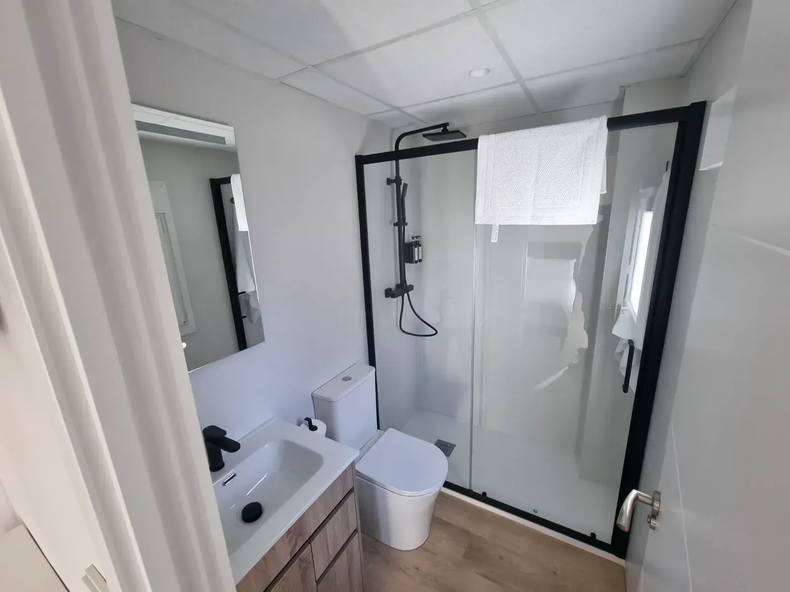 Un baño con inodoro, lavabo, ducha y espejo.