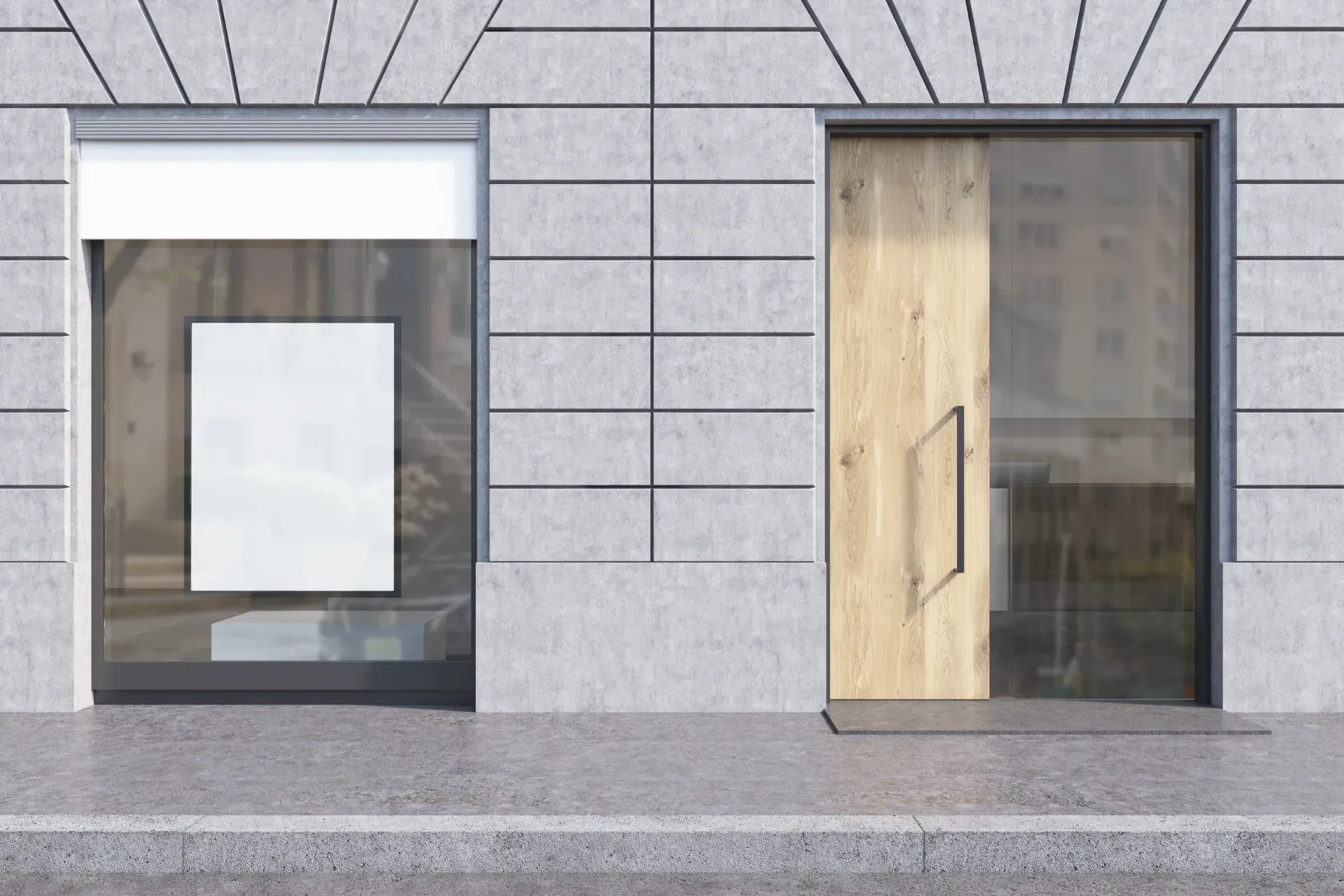 Un escaparate con dos ventanas y una puerta de madera.