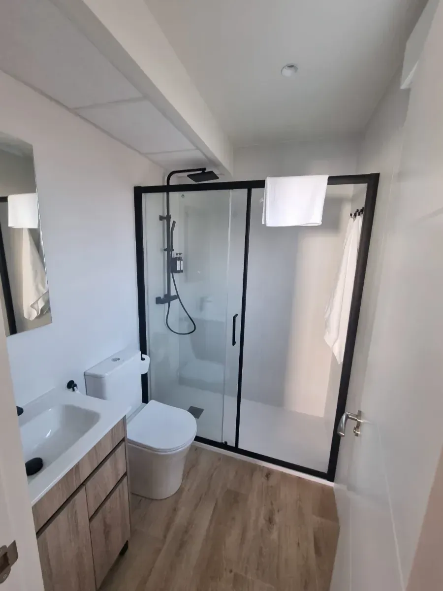 Un baño con inodoro, lavabo y ducha.