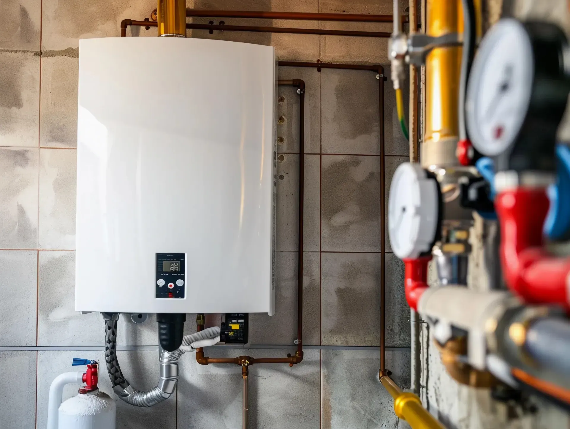 Una caldera blanca está en una habitación al lado de un montón de tuberías.
