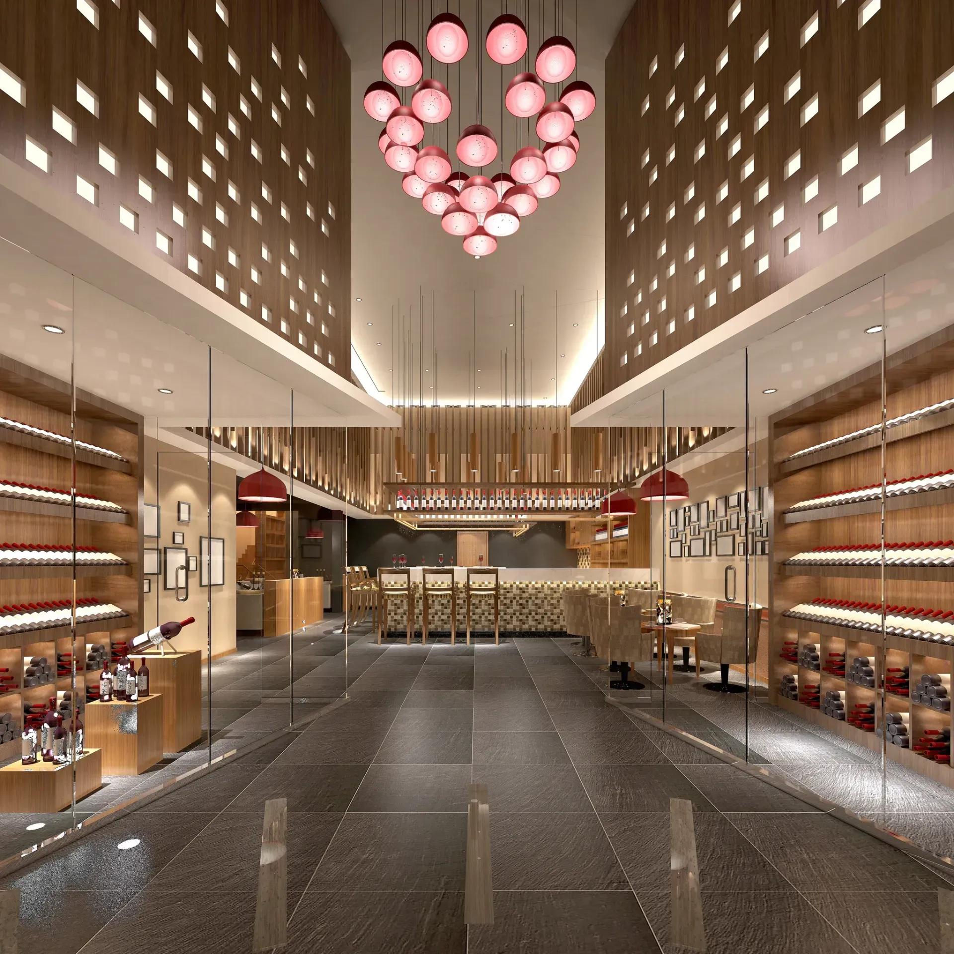 Una habitación grande con una lámpara de araña en forma de corazón colgando del techo.