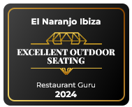 Un cartel que dice El Naranjo Ibiza Excelente restaurante con terraza al aire libre Gurú 2024