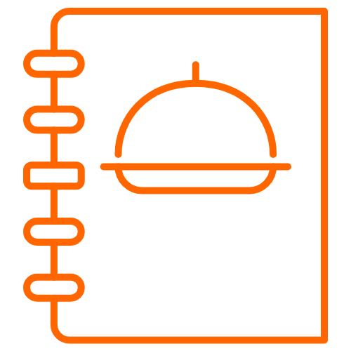 Cuaderno naranja con icono de plato.