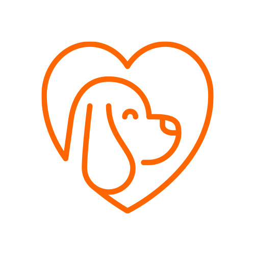 Dibujo lineal naranja de la cabeza de un perro dentro de un corazón.