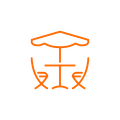 Un dibujo lineal de una mesa y sillas bajo una sombrilla.