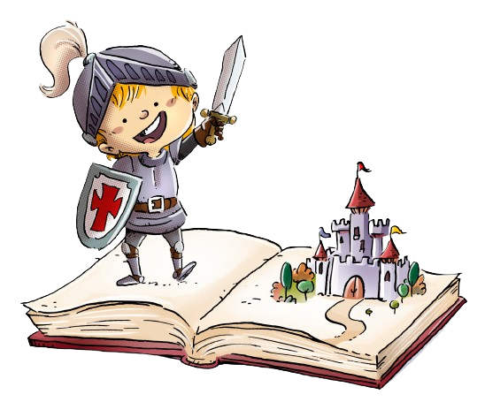 Enfant en chevalier sur un livre dessiné