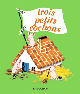 Trois petits cochons devant une maison en briques sur fond vert vif, avec le titre « trois petits cochons » au-dessus.