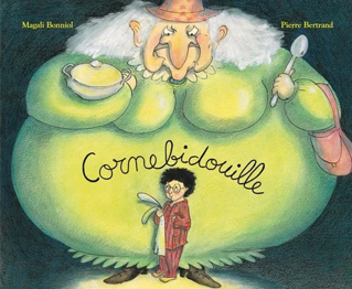 Une sorcière massive, vêtue de vert, domine un petit enfant tenant un bol et une cuillère sur la couverture sombre et fantaisiste d'un livre.
