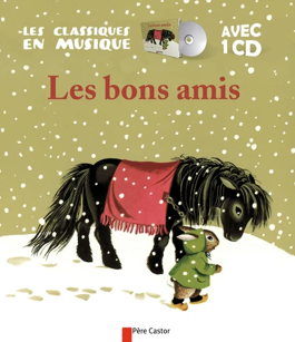 Une couverture de livre représentant un lapin en manteau vert marchant dans la neige avec un poney noir portant une couverture rouge.