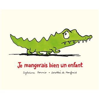 Crocodile vert de dessin animé au-dessus du titre français Je mangerais bien un enfant sur fond crème
