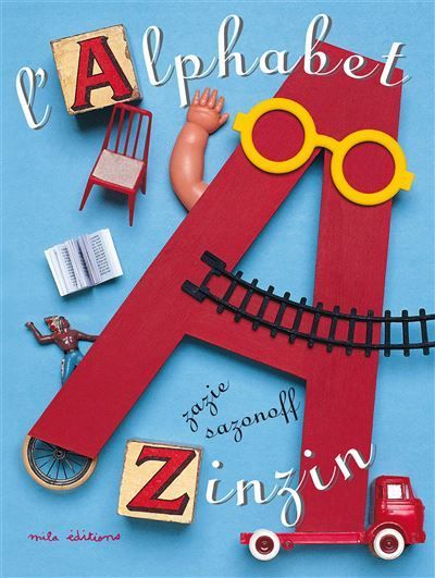 Page d'alphabet colorée pour enfants avec une chaise rouge, des lunettes, un camion et des cubes de lettres épelant Alphabet et Zinnia