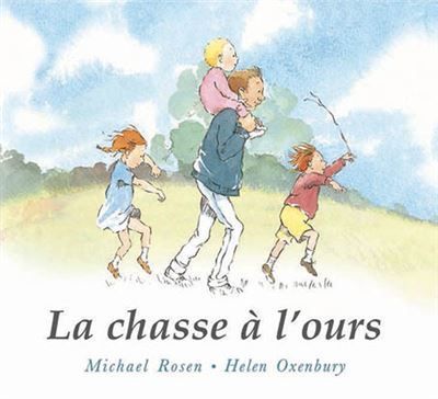Des enfants courent dans un champ herbeux sous un ciel bleu, avec le titre « La chasse à l'ours » en bas.