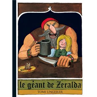 La couverture d'un livre représente un géant tenant une tasse à côté d'un enfant blond, avec un couteau et du fromage sur la table.