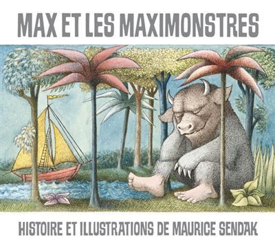 Max et les maximonstres couverture avec un voilier, des palmiers et un monstre dans une grotte de pierre