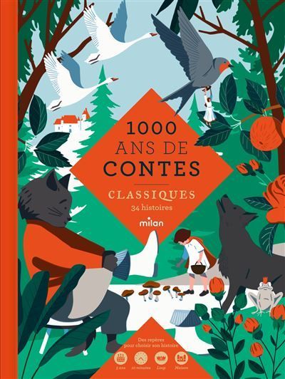 Couverture de livre illustrée avec des oiseaux et des animaux de la forêt autour d'un losange rouge portant l'inscription « 1000 ANS DE CONTES CLASSIQUES ».