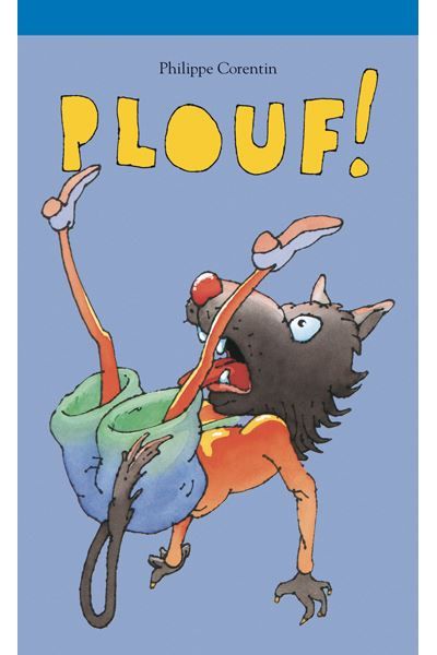Couverture de livre avec un chat de dessin animé coloré se tortillant et s'étirant sur un fond bleu, intitulé PLOUF !