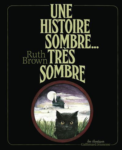 Couverture de livre française avec un chat noir devant un manoir hanté et la lune, intitulé « Une histoire sombre, très sombre »