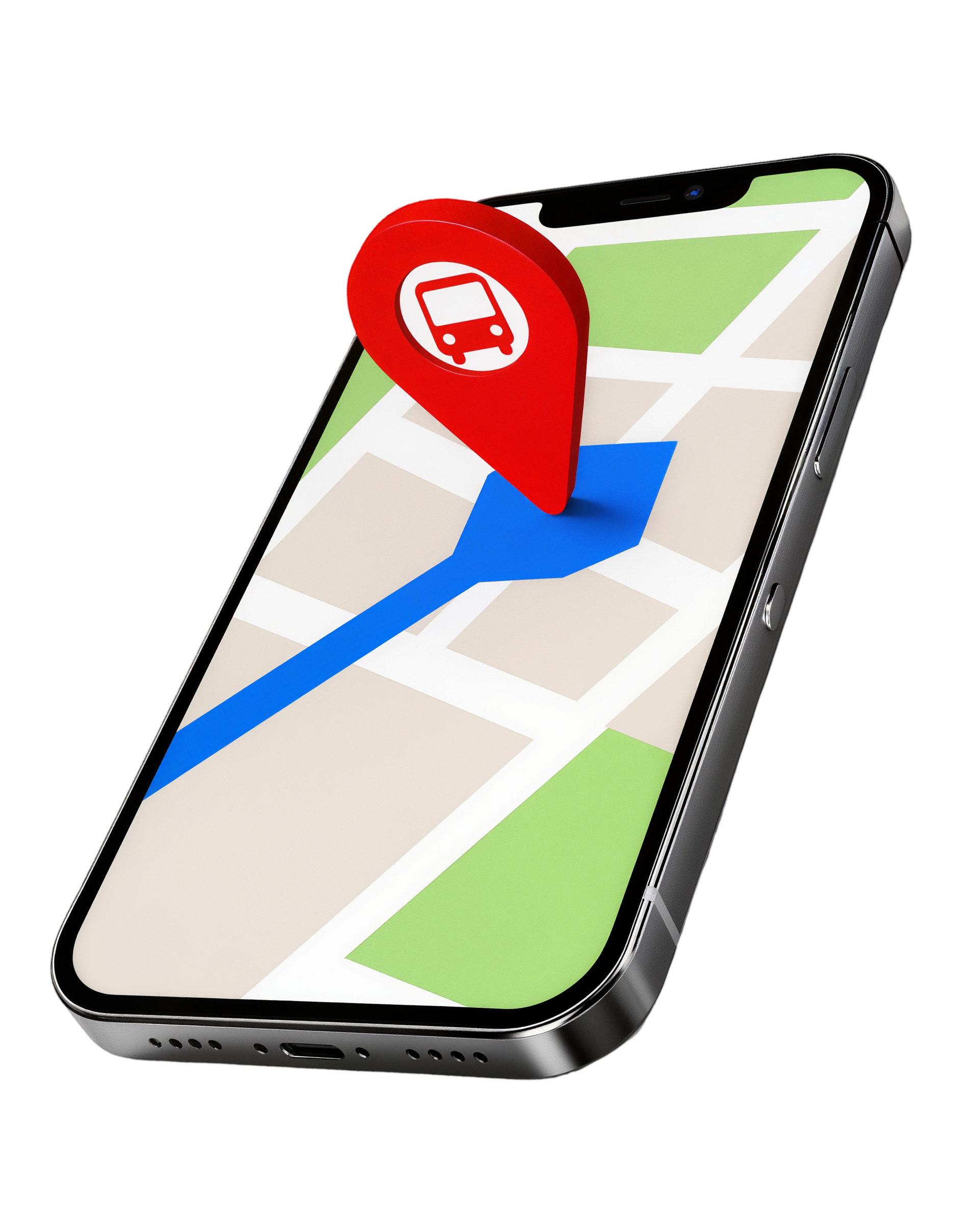 Écran de smartphone avec une carte, une ligne d'itinéraire bleue et un indicateur de localisation rouge