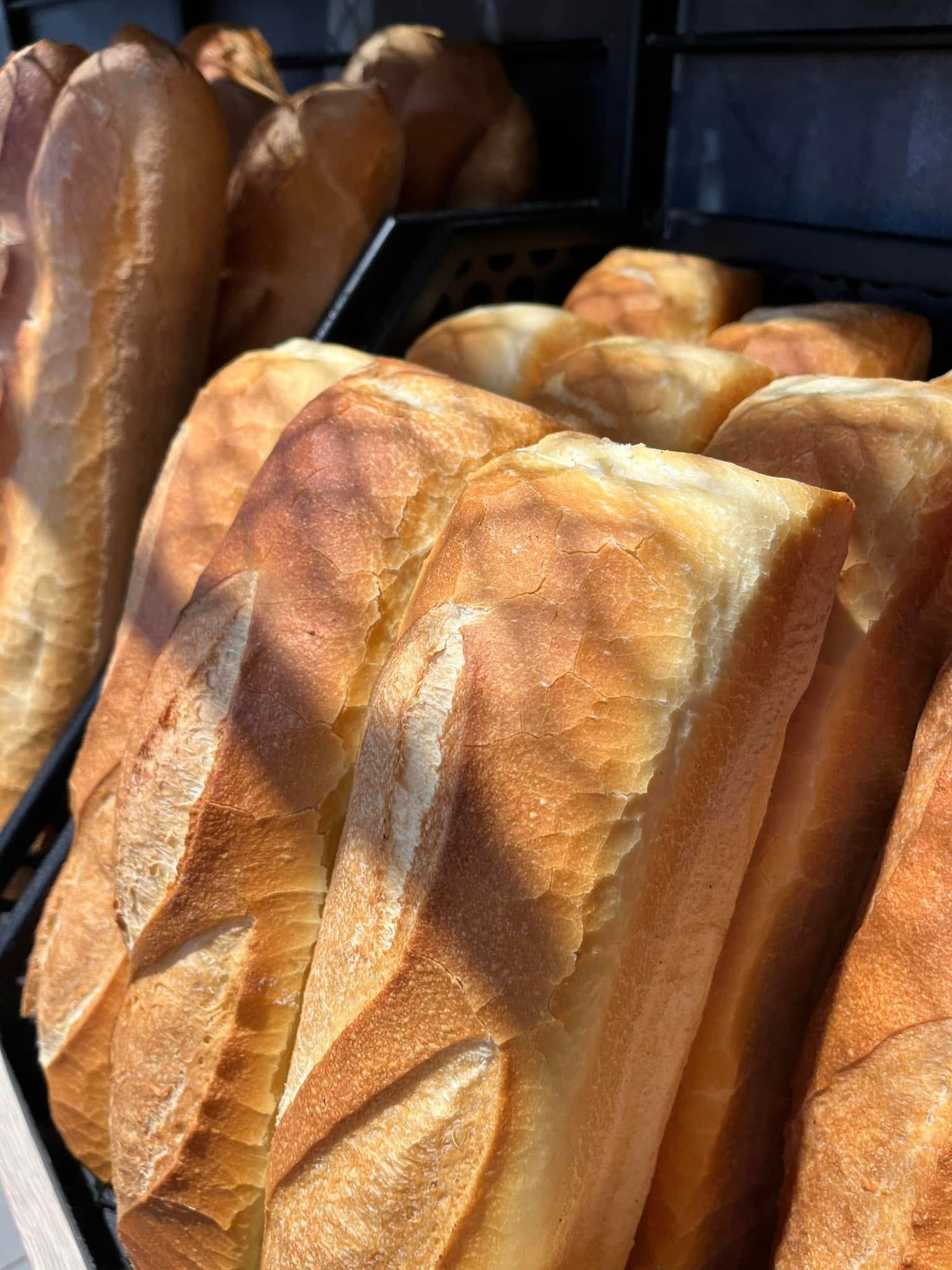 Baguettes et miches de pain frais empilées sur une étagère de boulangerie