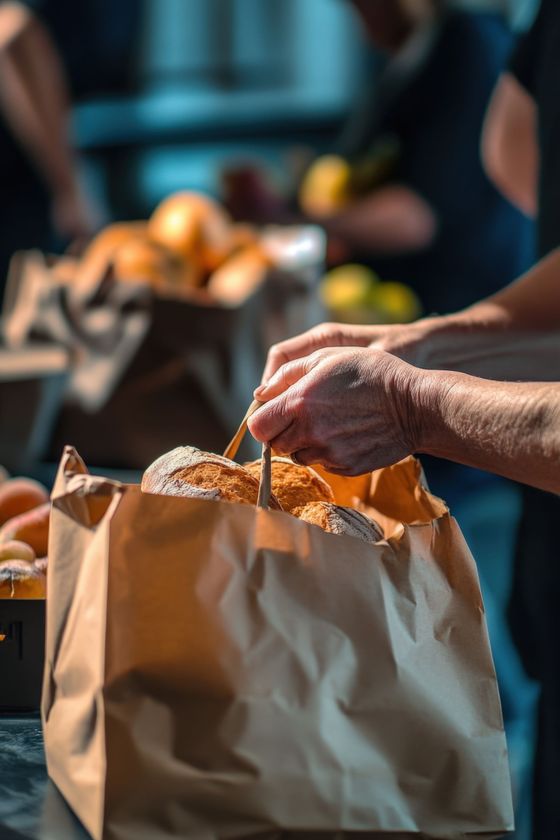 Des mains déposent du pain dans un sac en papier.