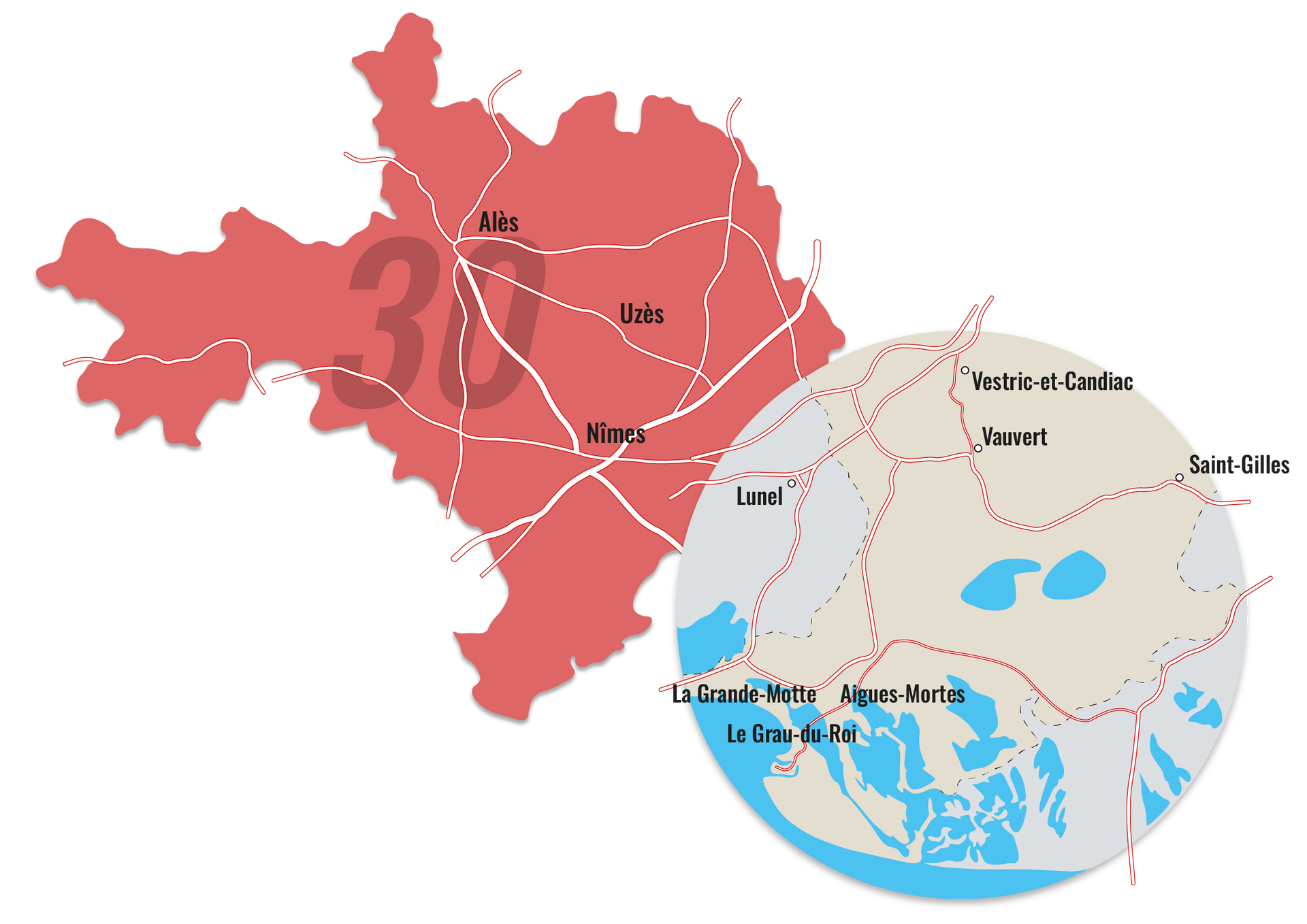 Zone d'intervention de Vérandasud, département du Gard, Lunel, Vestric-et-Candiac, Saint-Gilles, Le Grau-du-Roi