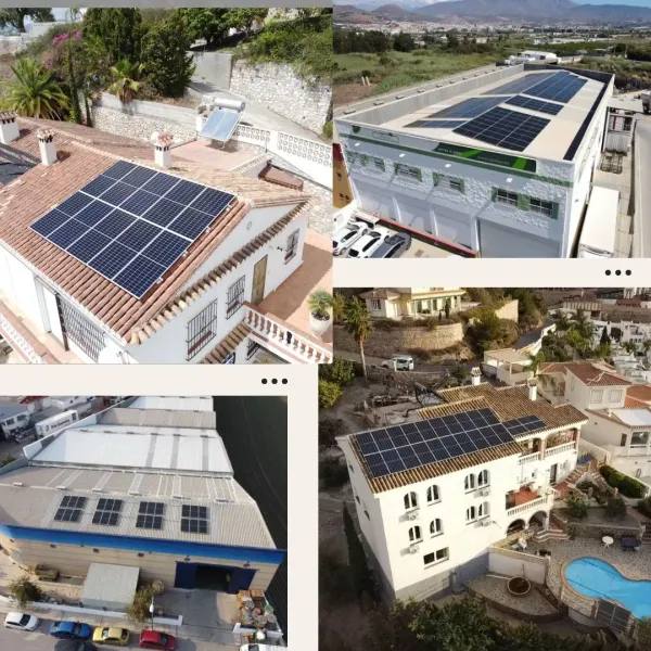 Un collage de cuatro fotografías de edificios con paneles solares en los techos.