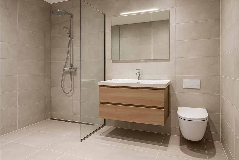 Ein Badezimmer mit Waschbecken, Toilette und ebenerdiger Dusche.