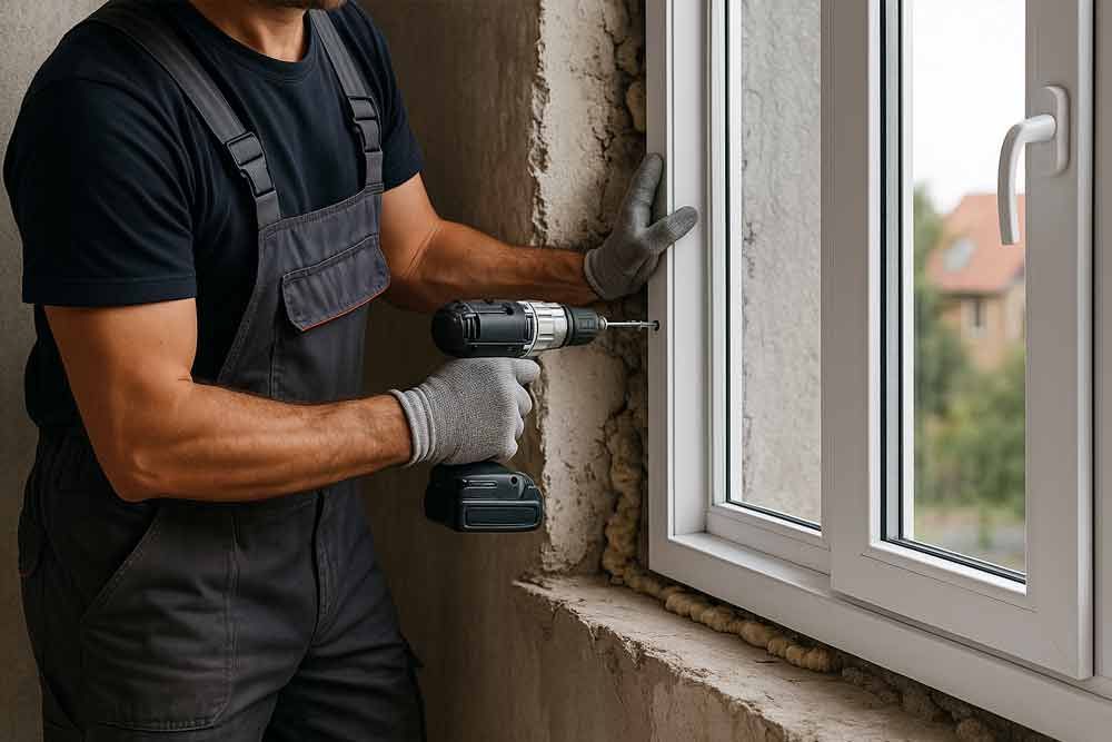Ein Mann setzt mit einer Bohrmaschine ein Fenster ein.