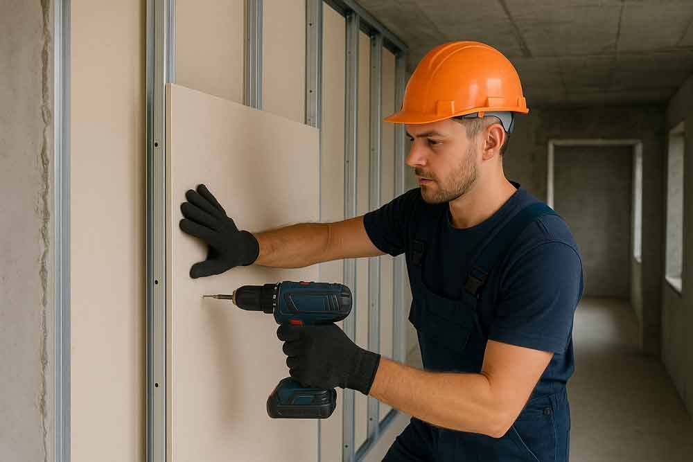 Ein Mann bohrt mit einer Bohrmaschine an einer Wand.