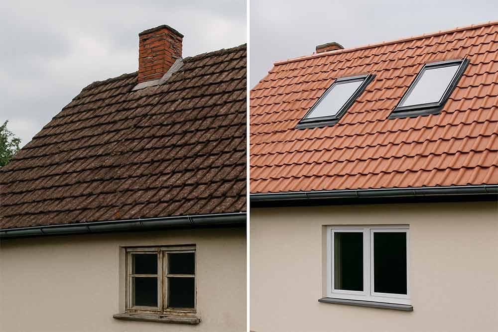 Es gibt ein Vorher-Nachher-Bild eines Dachbodens.