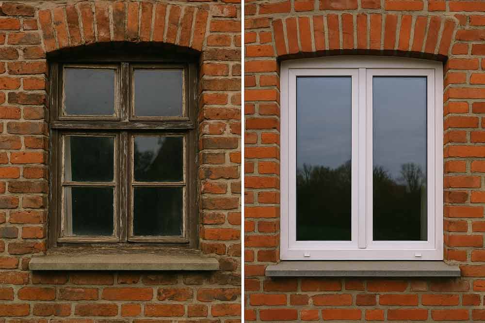 Ein Vorher-Nachher-Bild eines Fensters an einer Ziegelwand