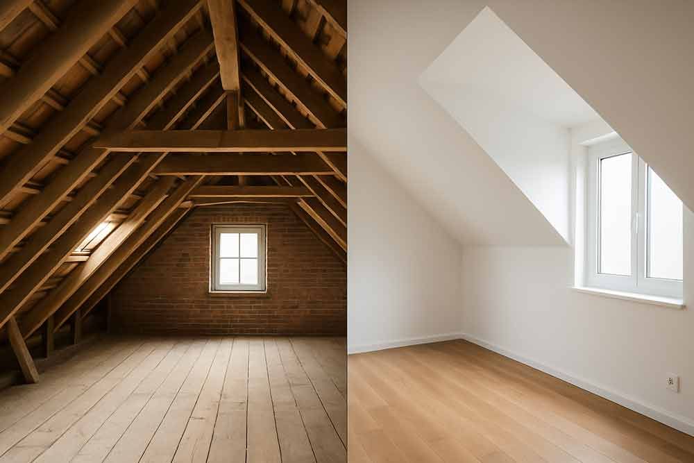Es gibt ein Vorher-Nachher-Bild eines Dachbodens.