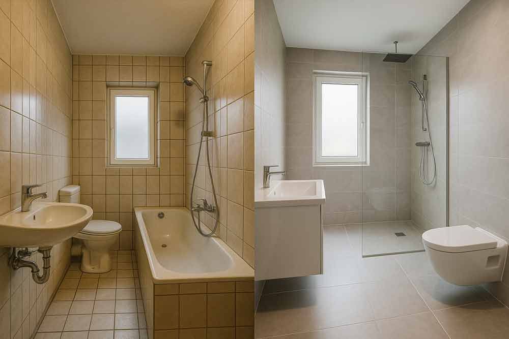 Ein Vorher-Nachher-Foto eines Badezimmers mit Waschbecken, Toilette und Dusche.