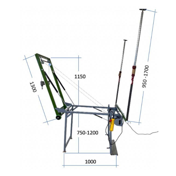Seitenansicht einer Baumschnittmaschine aus Metall mit beschrifteten Abmessungen.
