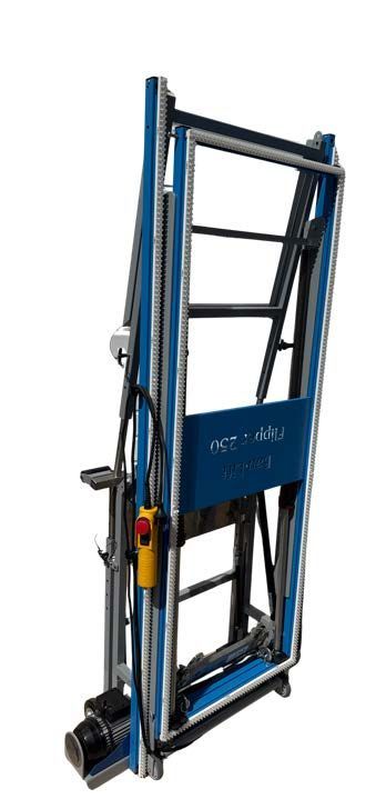 Eine blaue vertikale Plattensägemaschine mit einem schwarzen Metallrahmen.