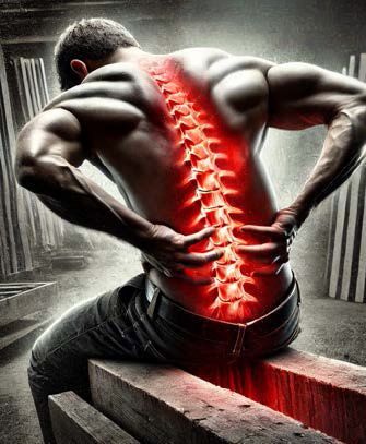 Mann mit Rückenschmerzen, Wirbelsäule rot hervorgehoben, sitzt auf Holz; Baustelle.